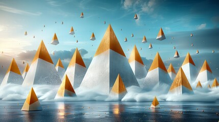 Wall Mural -  a group of orange and white pyramids floating in the air over a body of water with a blue sky in the background.