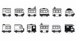 A collection of public transportation vehicles presented as simplistic black line icons on a white background