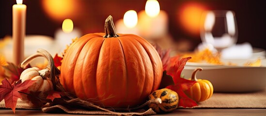 Canvas Print - A pumpkin, known as calabaza or winter squash in Cucurbita family, sits on a wooden table surrounded by candles and leaves. This orange fruit is a staple food and a natural plantbased food