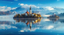 Beautiful Bled: Alpine Scenery With Calm Blue Lake And Bell Tower Of A Catholic Church