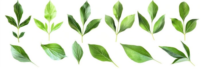 Beautiful Collage of Fresh Green Peony Leaves on White Background - Botanical Arrangement of Peony Tree Branch and Leaves with Stunning Colours