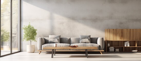 Wall Mural - A living room in a building with large windows overlooking the city skyline. The room features a cozy couch, elegant coffee table, modern bookshelf, and wooden flooring