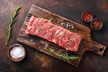 Angus Beef Striploin Steak on Rustic Wooden Board with Seasonings and Herbs. Raw Beefstrip Barbecue on Dark Background