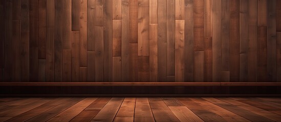 Poster - An empty room with brown hardwood flooring and wooden walls, featuring a door with a wooden plank design. The wood stain gives off an amber hue, enhanced by varnish for a glossy finish