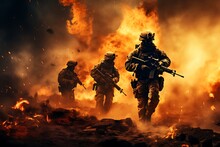 Soldiers In Action With Guns In The Fire. Selective Focus