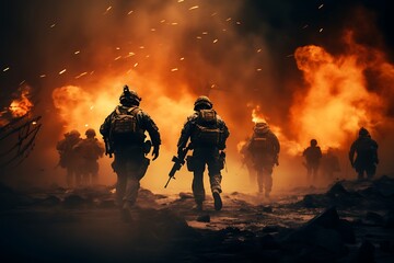 Canvas Print - Soldiers in action with guns in the fire. Selective focus