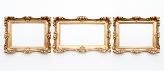 Canvas Print - Four rectangle gold picture frames hang symmetrically on a white wall. The frames are made of metal and glass, adding elegance to the beigetoned room. They serve as fashion accessories for the event