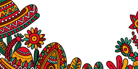 Wall Mural - Mexican background festive backdrop for festival Cinco de mayo. Mexico poster. Vibrant mexican folk art inspired border with traditional patterns and motifs