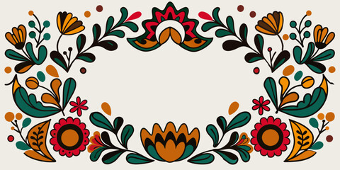 Wall Mural - Mexican background festive backdrop for festival Cinco de mayo. Mexico poster. Elegant vector border design featuring orange flowers and green leaves