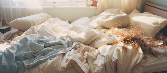 Poster - A woman is reclining on a luxurious bed adorned with white fur pillows and sheets, creating an artistic scene in a beautifully decorated room inside a historic building