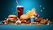 A dynamic fast food composition with splattered crumbs and sauces, capturing movement and a playful disregard for neatness