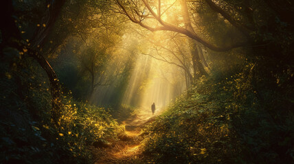 Wall Mural - Person walking along the path in enchanted summer forest filled with light. Mysterious, magical landscape with golden sunlight. Spiritual experience, energy of nature.