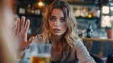 Fototapeta Uliczki - Young Caucasian woman turning down a beer offered to her, concept of sobriety and recovery from alcoholism/addiction