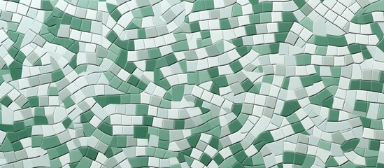 Poster - A close up of a symmetrical green and white mosaic tile pattern featuring rectangles in shades of aqua, azure, and electric blue, perfect for flooring or a unique font design