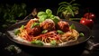 Tasty spaghetti in tomato sauce with juicy meatballs, fresh basil on top