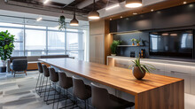 Modern Executive Office Design Incorporating A Bar-height Table, Counter Stools, And Pendant Lights For Casual Meetings And Brainstorming Sessions
