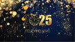 cartão ou banner para desejar um feliz ano novo 2025 em ouro o 0 é substituído por um relógio em fundo azul com círculos dourados e glitter em efeito bokeh