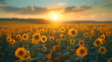 A Field Of Sunflowers At Sunset