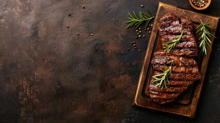 Wall Mural - Top view tasty grilled beefsteak with spices on rustic cutting board plate. AI generated image