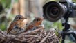 A behind-the-scenes setup where a live-streaming camera is visibly positioned just behind a bustling robin's nest, offering viewers a unique perspective on the hatchlings as they're fed