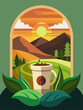 Coffee vector landscape background featuring a picturesque view of rolling hills, lush greenery, and a steaming cup of coffee in the foreground.