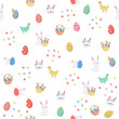 Happy Easter seamless pattern with bunnies, eggs and flowers. Vector hand drawn illustration.
