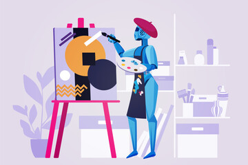 Poster - Art content generation using AI. Robot artist painting creative picture on easel, cyborg in painters beret and apron holding brush to create digital image in workshop cartoon vector illustration