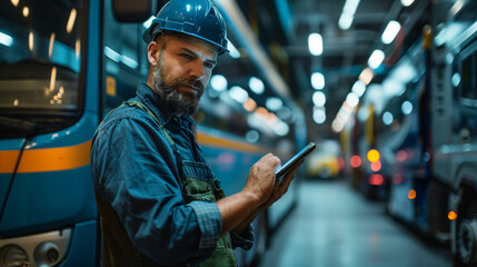 Wall Mural - A male auto mechanic, with a tablet in hand, performs vehicle diagnostics in the car lot