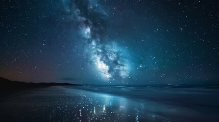 Wall Mural - Majestic milky way galaxy stretching over a peaceful beach, a natural astronomical wonder showcasing the universe's beauty