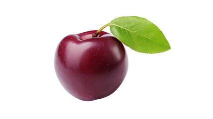 A vibrant red apple with a lush green leaf resting on a serene white background