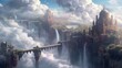 An awe-inspiring digital painting features a grand city with bridges and architecture among the clouds