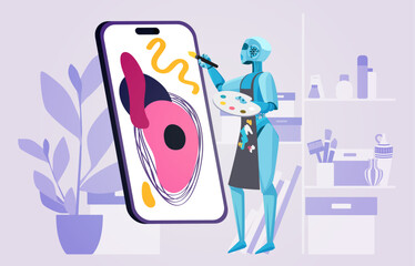 Poster - Art content generator mobile app for phone. Robot painting creative picture on smartphone screen, artificial intelligence artist working to create digital image online cartoon vector illustration