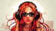 person with headphones listening music. 
 red-haired girl wearing headphones and sunglasses