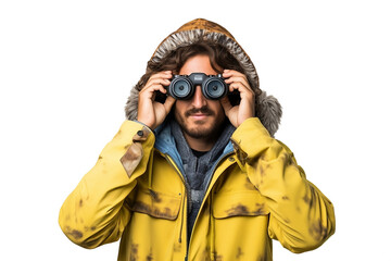 Fashionable young man with binoculars, isolated on white background.