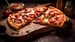 A delectable spread of sliced pepperoni pizza, with extra toppings and seasonings on a traditional wooden cutting board