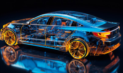 Poster - transparent high-tech automobile design showcasing internal mechanics and technology systems, repres