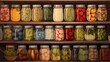 Artistically drawn jars filled with various preserved fruits and vegetables on rustic wooden shelves