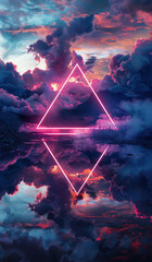 Wall Mural - rainbow colored glowing neon pink and purple triangle in the clouds at night, lake with an awesome reflection, dreamy scene, 3D render