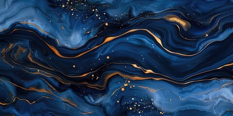 Poster - A close up of a blue and gold fluid painting Abstract background with copy-space