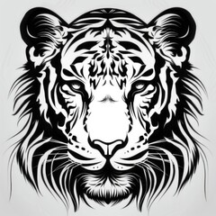 Wall Mural - A black and white tiger's head on a white background Tattoo design, coloring book page.
