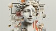 Contemporary Art. Geometric composition with Greek sculpture and geometric objects. Sculptural female head in antique (Greek, Roman) style. Beauty in stone. Illustration for varied design