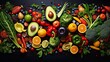 © Eleanor Richards - A large selection of fresh, colorful vegetables and fruits spread over a dark surface showing abundance and health