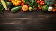 A seasonal collection of pumpkins and vegetables on a rustic wooden surface with space for text