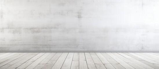 Poster - An empty room with a hardwood floor and concrete wall. The flooring is a grey rectangle with tints and shades of wood stain