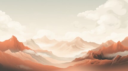 Wall Mural - An artistic representation of mountain peaks at sunset with a warm color palette and dreamlike clouds in the sky