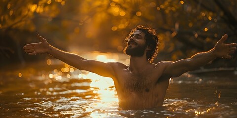 Man with arms raised in nature celebrating faith and divine connection. Concept Faith, Nature, Celebration, Connection, Inspiration