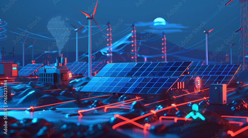 A futuristic energy facility at twilight, blue and red neon colors ...