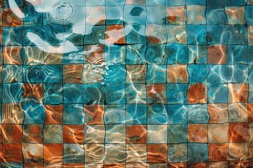 Poster - A tiled wall with a reflection of water on it
