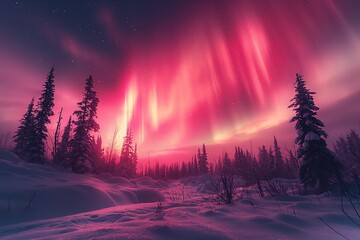 Wall Mural - northern lights above snow trees. winter landscape with mountains and forest. aurora borealis with s