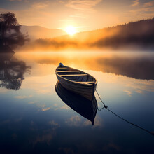 A Lone Boat On A Misty Lake At Sunrise. 